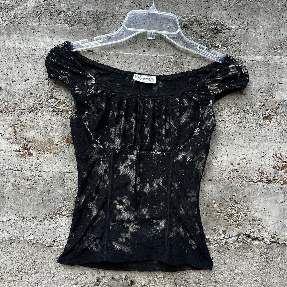 Body Central Vntg Y2K Shirt Women's SmBlack Lace Party Goth Fairy Milkmaid